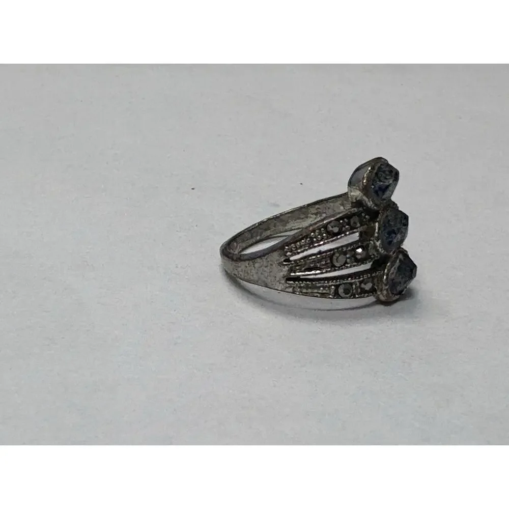 Vintage Silver Tone Marcasite Style Ring Purple Oval Rhinestones Size 9